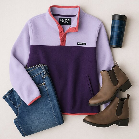 Lands End Fleece Snap Pullover Purple Lilac Pink Trim Womens L Oeko-Tex Preppy - Picture 2 of 7